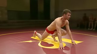 Wrestler sucks a cock and gets fucked after losing a battle