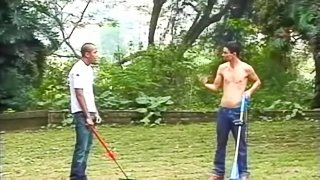 Interracial gay sex video with two men fucking outdoors