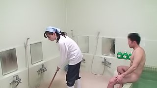 Japanese cleaning lady receives a pretty good doggy style pounding