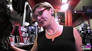Stockinged busty stepmom fingering before toy