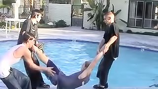 Behind the scenes of a playful spanking foursome by the pool
