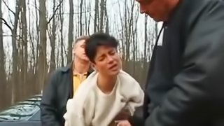 Hot wife fucks in the woods with two Men next to the lake