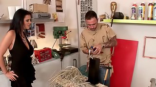 Brilliant brunette with big tits giving huge dick superb titjob in close up shoot