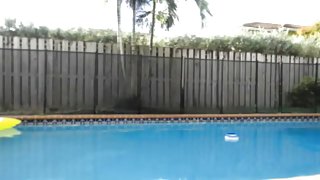 sweet girl with a hairy pussy hanging by the pool