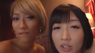 Blonde and dark haired Asian chicks sucking and fucking a cock