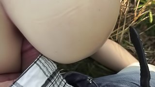 Horny brunette wearing black lingerie is getting penetrated outdoors