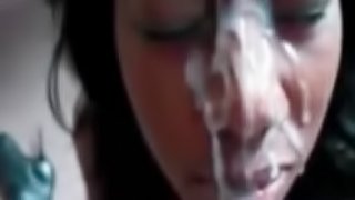 Horny ebony slut gets a huge cum facial here