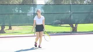 Topless tennis with a sporty brunette babe with perky tits