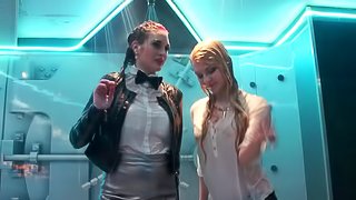 Hot chicks dancing and playing around in a stage shower
