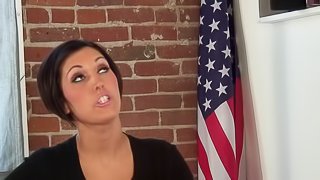 Buxom slut with short dark hair getting her shaved pussy licked and fingered