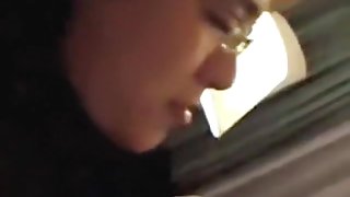 Asian girl with hairy pussy takes a shower and gives her nerdy bf a blowjob on the bed in a hotelroom