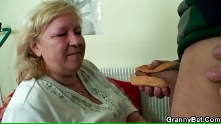 Fat grandma sucks ketchup off his cock