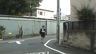 Yukino in uniform gives blowjob to mailman and gets cum