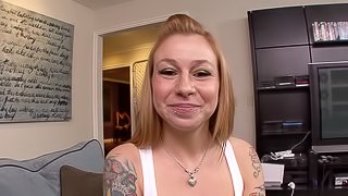 Cute teen with tattoos enjoys a hard blowjob with a huge dick
