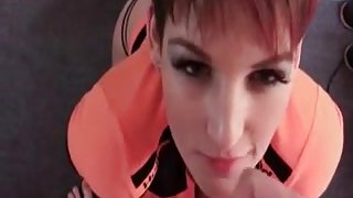 Short-haired MILF sucks  dick until she gets a facial