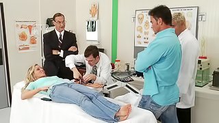 The doctor examines her then prescribes his dick to her