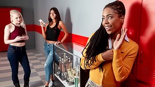 Long-legged athletic ebony Kira Noir fucked in the dressing room