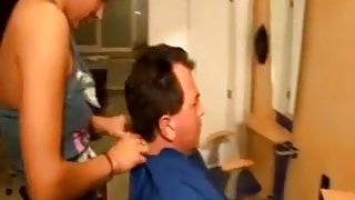 After a haircut, fat guy fucked a brunette bimbo