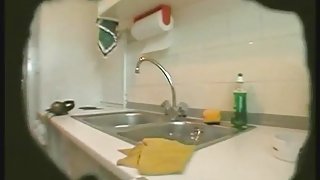 Fat and ugly matured wife changes her clothes in kitchen on spy cam1