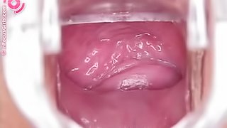 Hot brunette Linda plays with speculum in the library