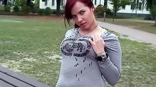 Horny chick playing with her pussy in public outdoor