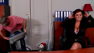 Busty brunette Jasmine Black licks balls and gets her crotch banged