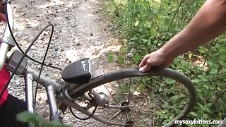 Busty biker chick Terry gets nailed in woods