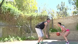 Curvy brunette Kendra Lust seduces a neighbour and fucks him outdoors