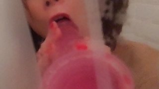 Dildo Sucking and Fucking in Shower