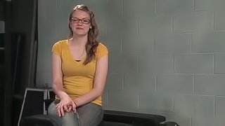 Busty blonde in glasses gets toyed by a machine