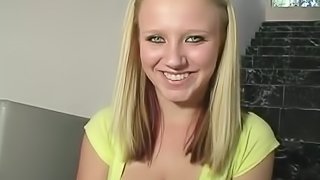 Busty blonde teen Ami Jordan sucks a boner and takes a ride on it