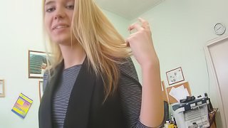 Alluring blonde pornstar with natural tits gets her shaved pussy jammed hardcore in a spicy pov action