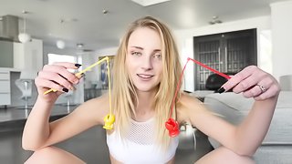 Blondie with blue eyes Macy Meadows having fun with a fat boner