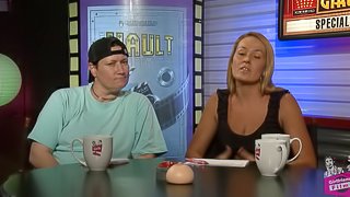 Dark-haired lesbian porn star with a curvy body laughing and chatting