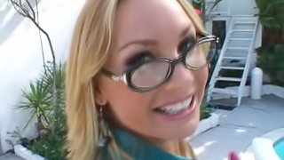 Tattooed blonde in glasses gets facial cumshot in an interracial face fucking scene