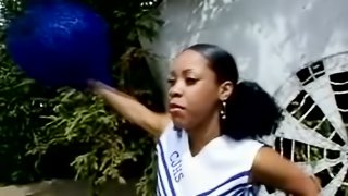 Ebony cheerleader's tits shake, when he fucks her outdoor